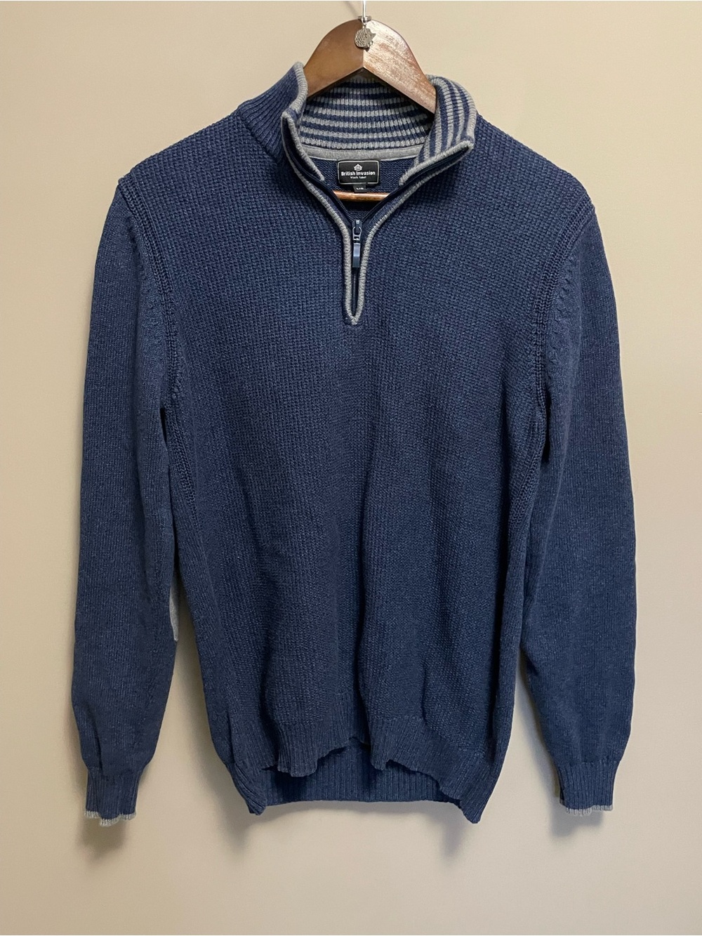 British Invasion Black Label 1/4 Zip Navy Blue Sweater Elbow Pads Men’s Large